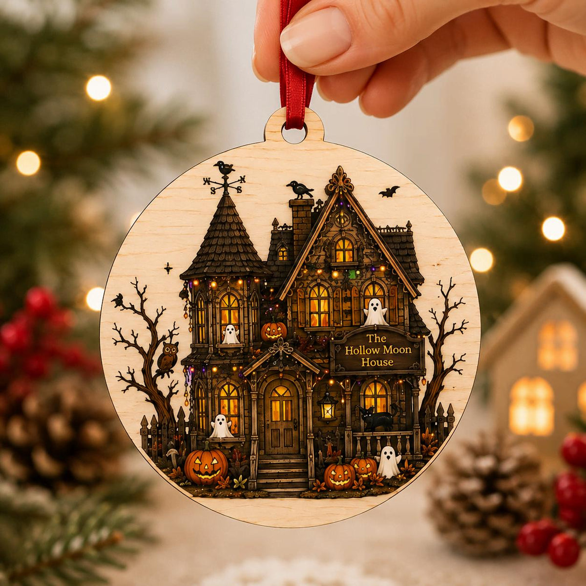 Haunted house name round wooden ornament with red ribbon held above holiday decor