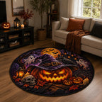 Haunted jack-o'-lantern round rug in a modern living room with a beige sofa, lantern and carved pumpkin