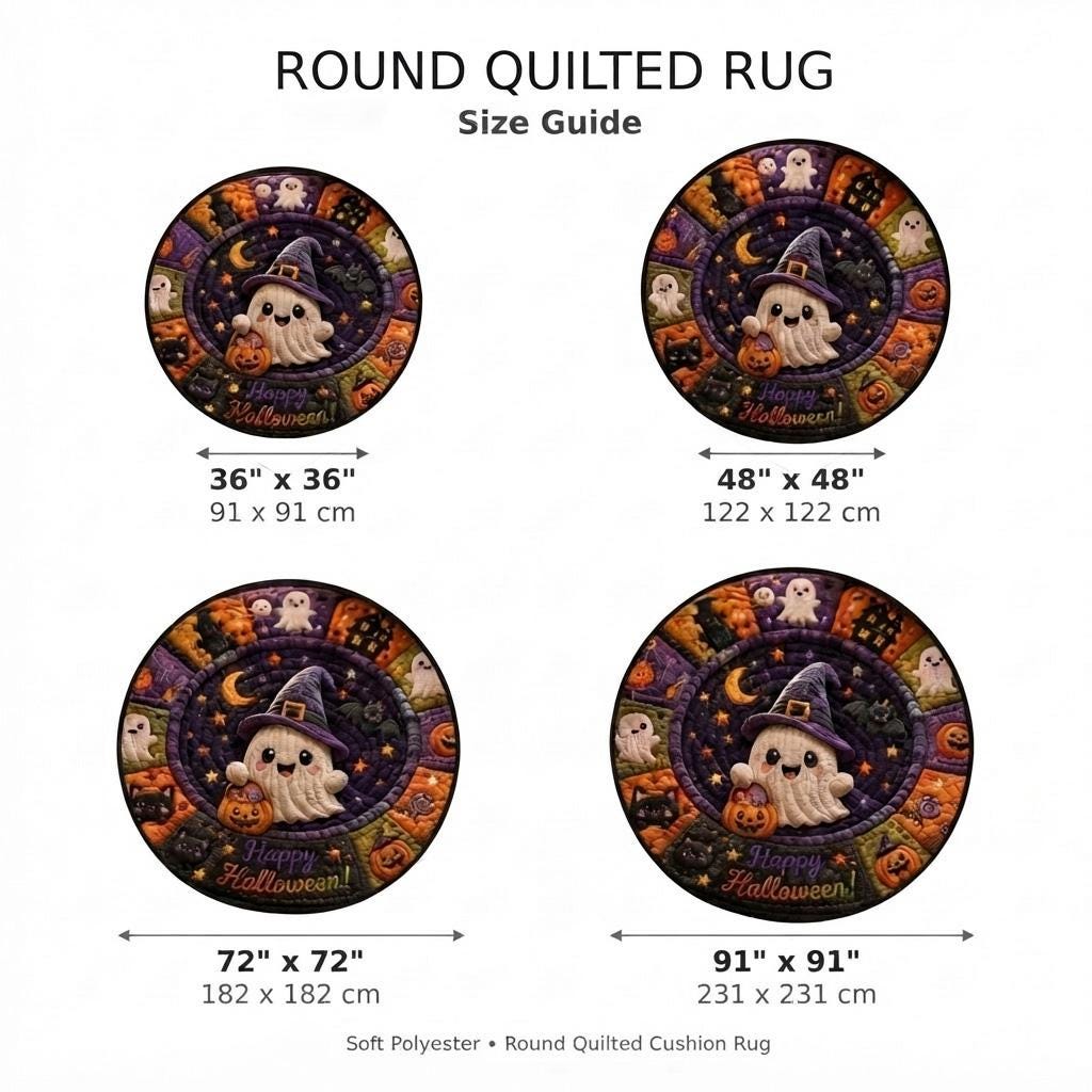 Round quilted rug size guide showing 36, 48, 72 and 91 inch diameters.