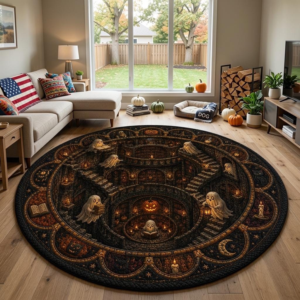 Haunted library Halloween round rug in a modern living room with a sectional sofa, large window and pumpkins