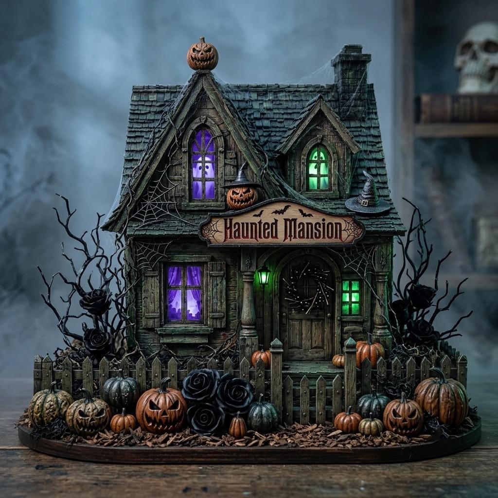 Haunted Mansion wooden Halloween house with purple and green window artwork, black roses and pumpkins on a misty shelf