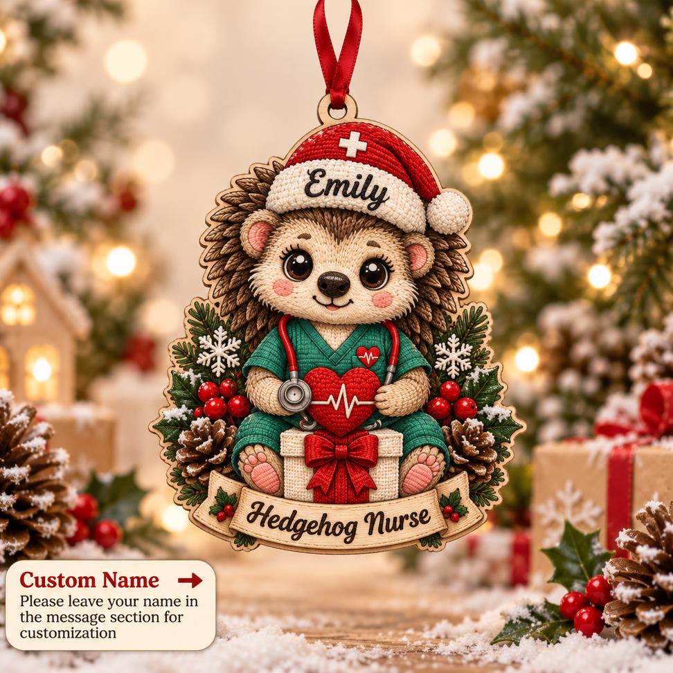 Personalized hedgehog nurse wooden ornament with stethoscope, heart and custom name