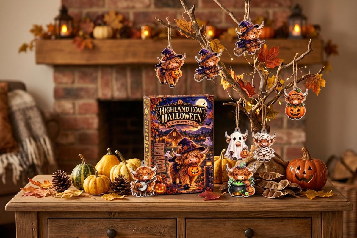 Witch cow pieces on an autumn branch over a wooden table with the box, gourds and a carved pumpkin