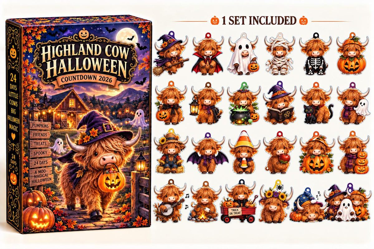 Highland Cow Halloween countdown box beside the full set of costumed cow acrylic pieces