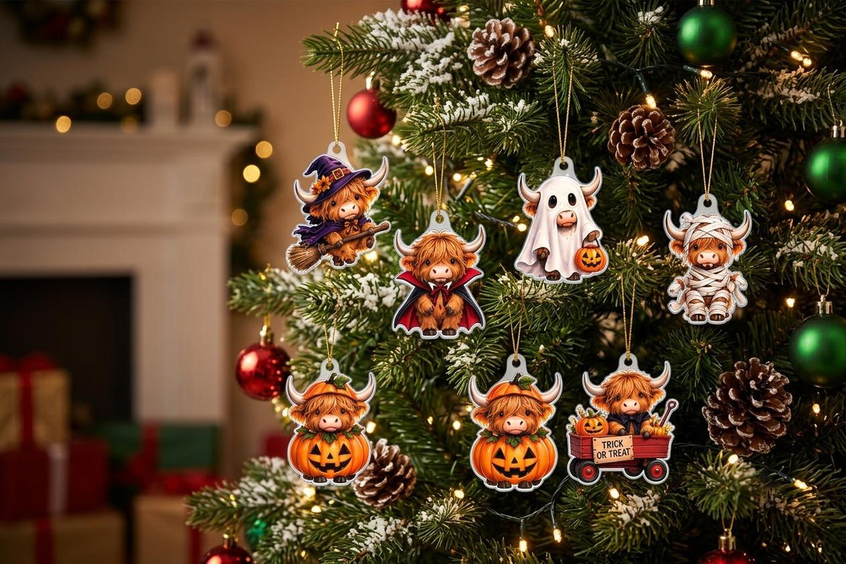 Witch, vampire, ghost and jack-o'-lantern Highland cow acrylic pieces hanging on a pine tree by a fireplace