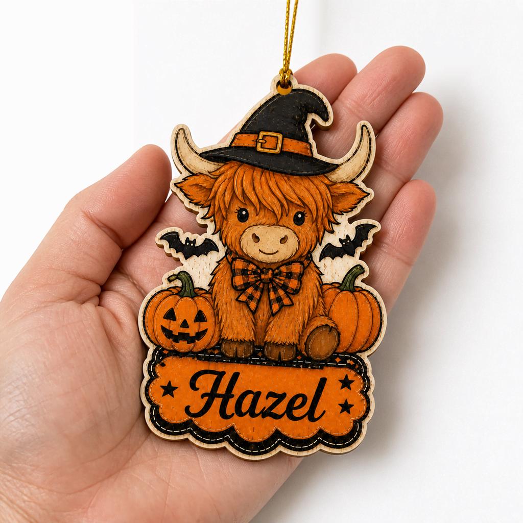Hand holding personalized highland cow Halloween wooden ornament with pumpkins and bats