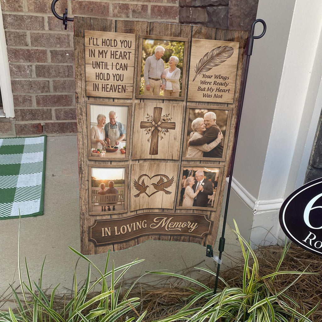 Rustic wood I Will Hold You In My Heart photo collage memorial garden flag on a stand by a brick front porch
