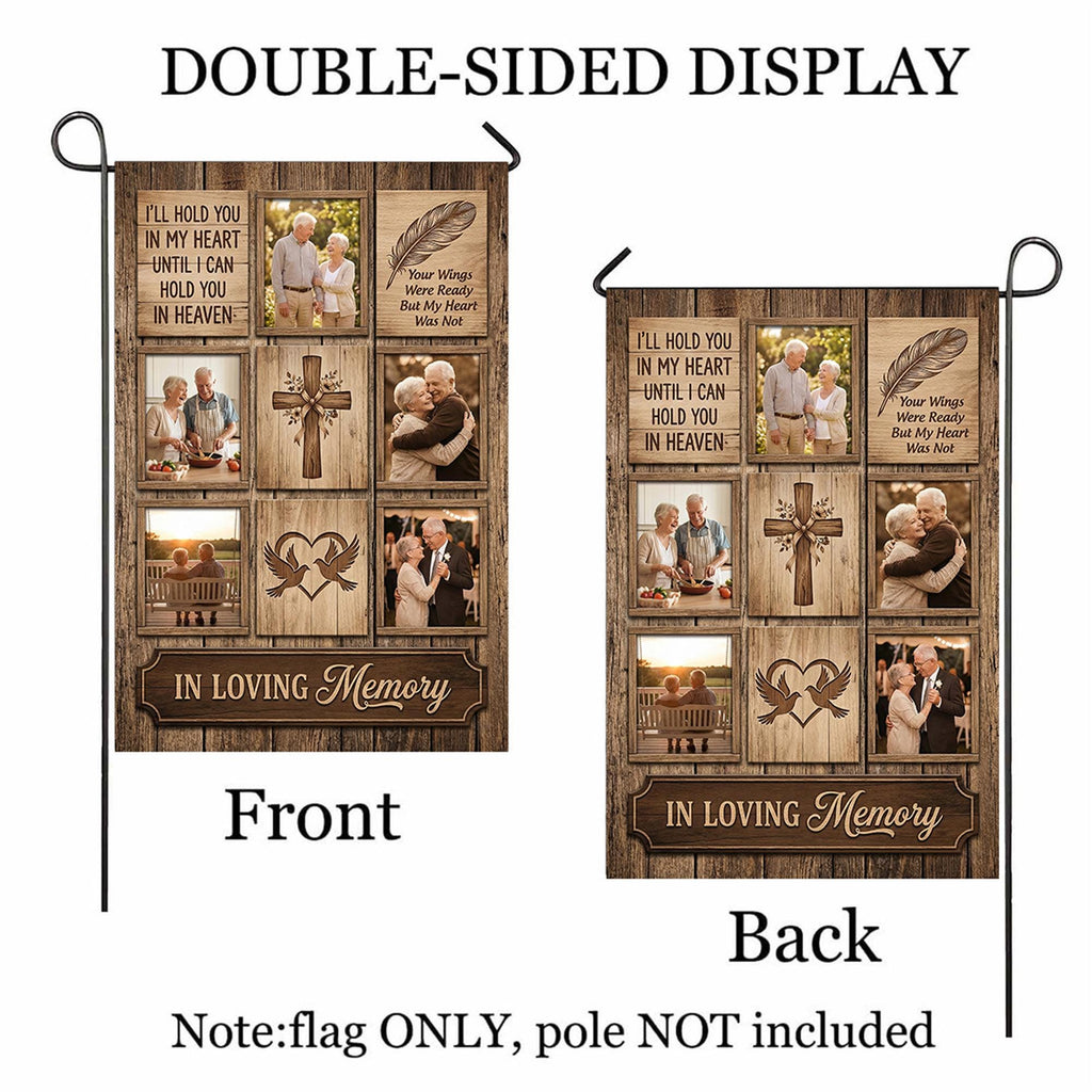 Rustic wood I Will Hold You In My Heart photo collage memorial garden flag shown front and back to display the double-sided print, flag only