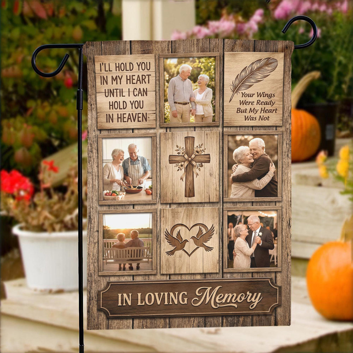 Rustic wood I Will Hold You In My Heart photo collage memorial garden flag on porch steps with pumpkins and flowers