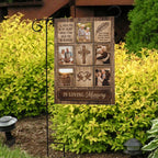 Rustic wood I Will Hold You In My Heart photo collage memorial garden flag in front of bright yellow shrubs