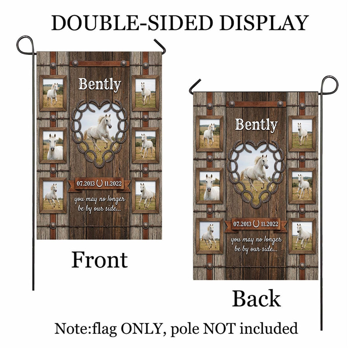 Rustic horse memorial photo collage garden flag with name shown front and back to display the double-sided print, flag only