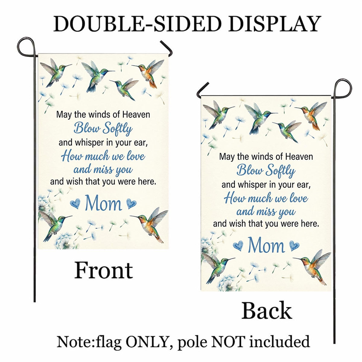 Hummingbird May the Winds of Heaven memorial garden flag shown front and back to display the double-sided print, flag only