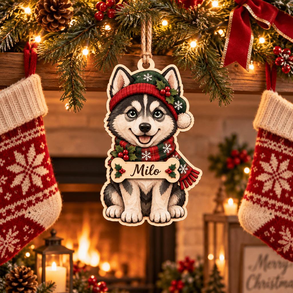Personalized husky ornament in knit hat hanging between Christmas stockings by fireplace