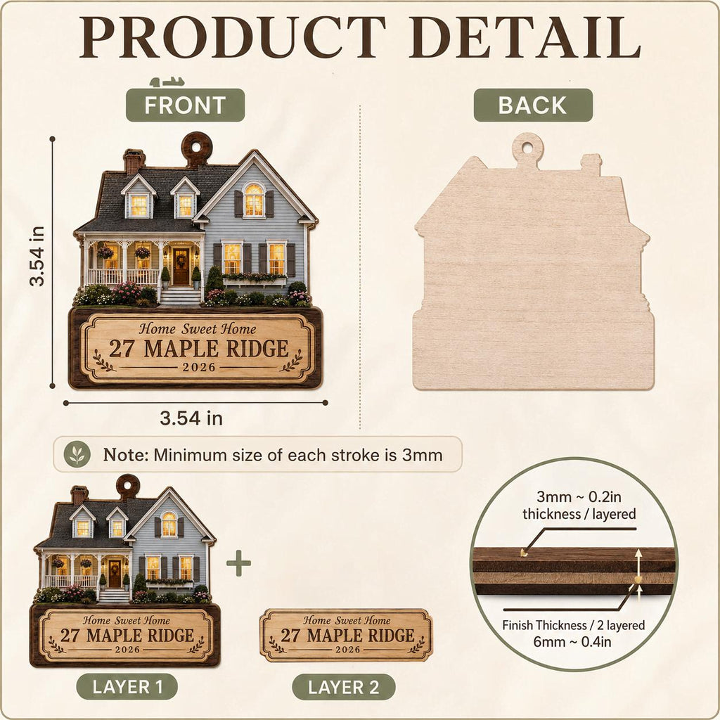 Product detail chart of the dark round monogram ornament front, back and plywood layers