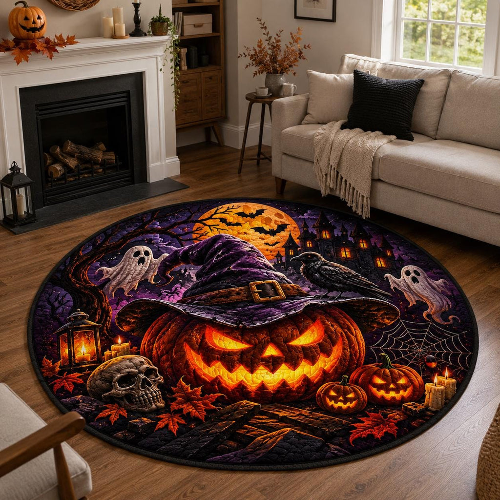 Jack-o'-lantern witch Halloween rug on a wood floor by a white fireplace and a cream sofa with throw