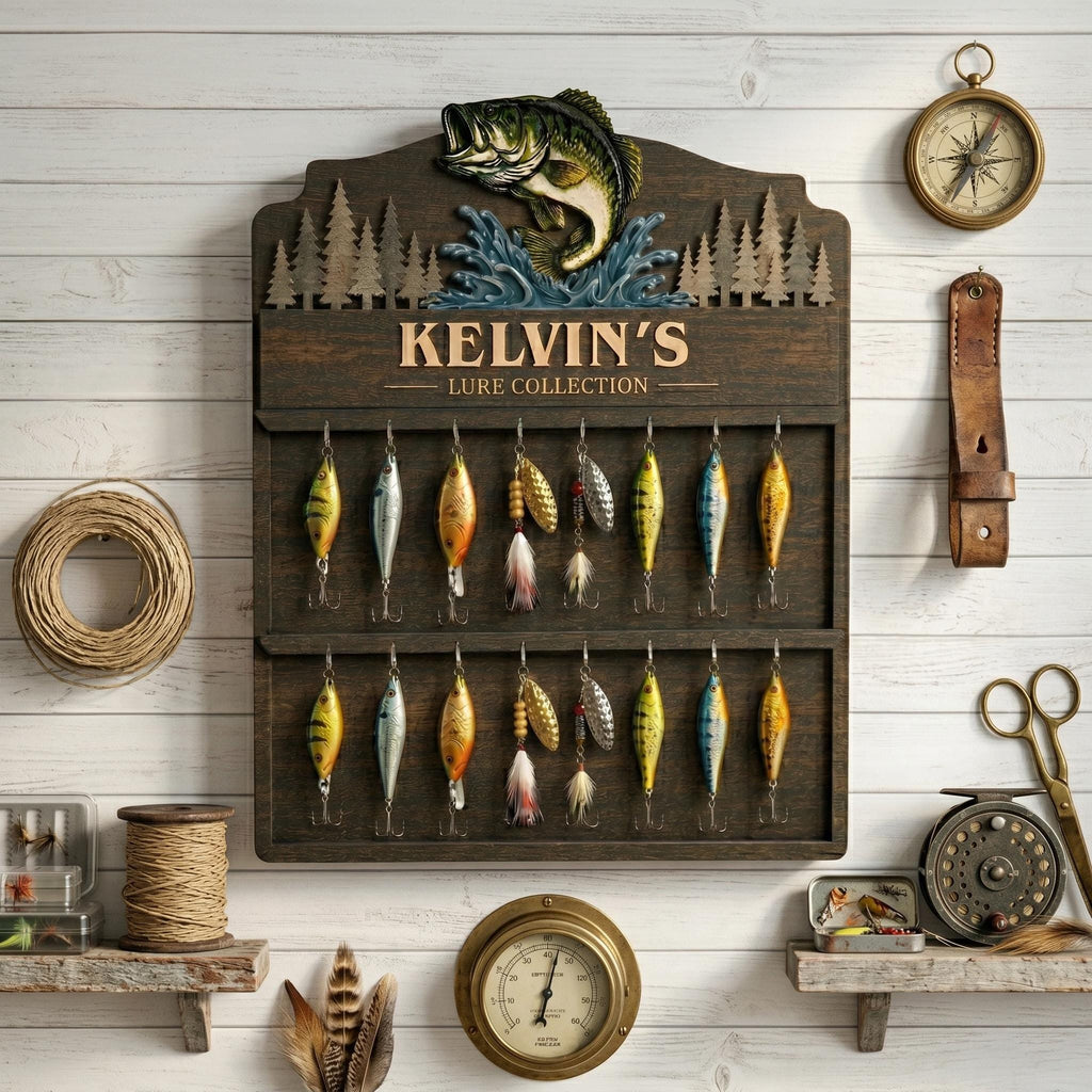 Personalized wooden fishing lure holder with a bass and Kelvin's Lure Collection, holding two rows of lures