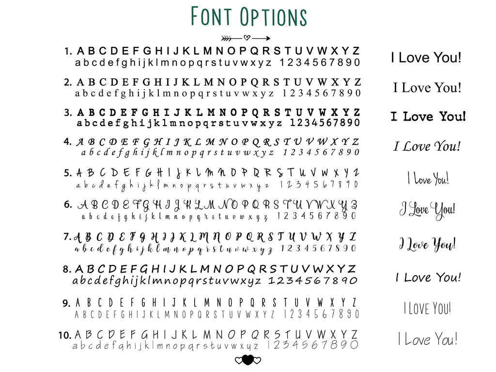 Font chart showing engraving fonts 1 to 10 for the keychain