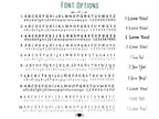 Font chart showing engraving fonts 1 to 10 for the keychain