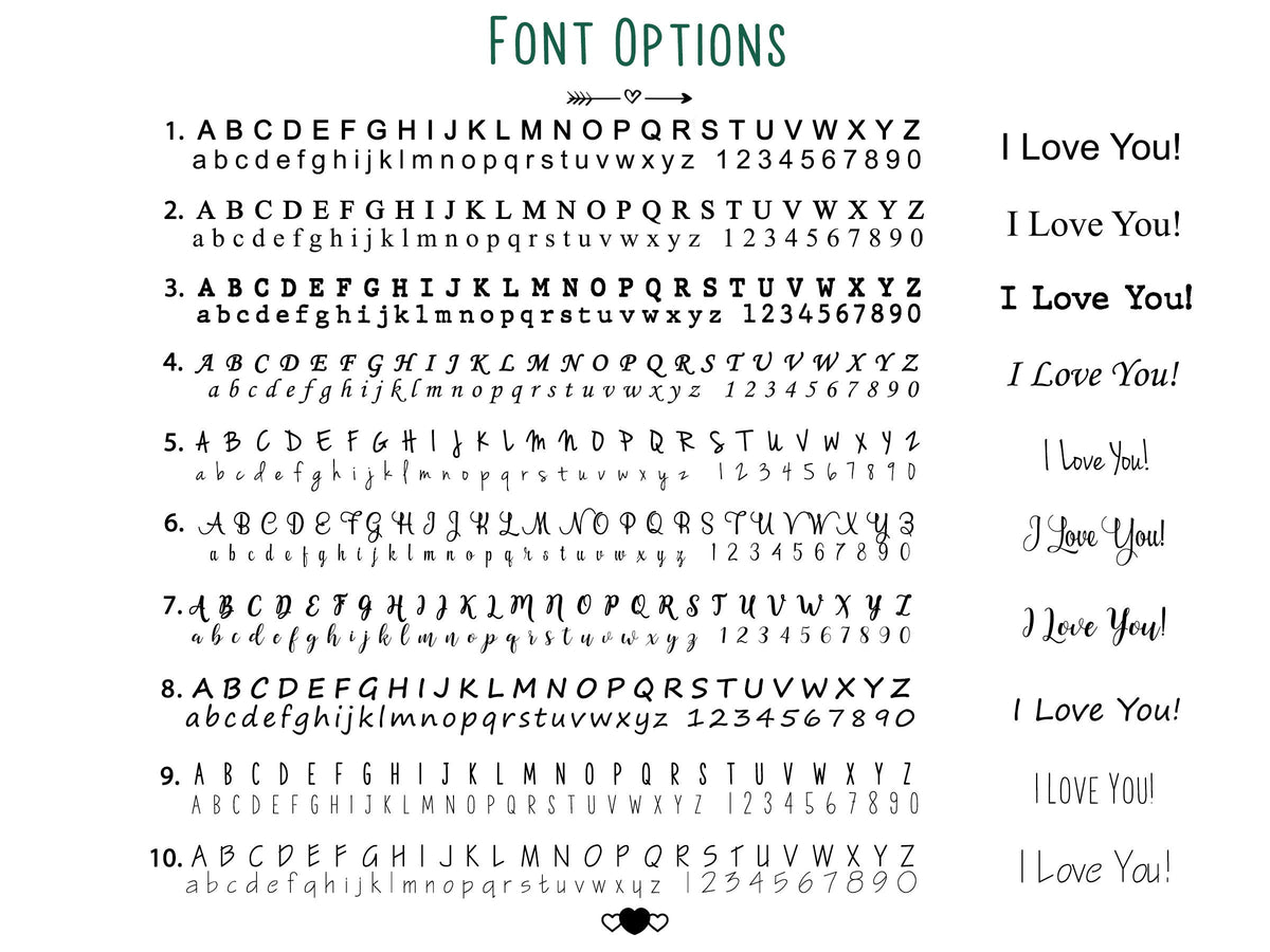 Font chart showing engraving fonts 1 to 10 for the keychain