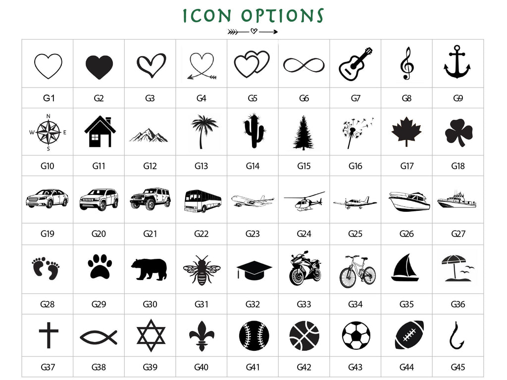 Icon chart with 45 small engraving icons G1 to G45 such as hearts, paw prints, cars and sports balls