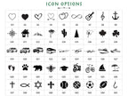 Icon chart with 45 small engraving icons G1 to G45 such as hearts, paw prints, cars and sports balls