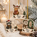 Kids initial animal name and year ornaments with moose M, raccoon N and owl O