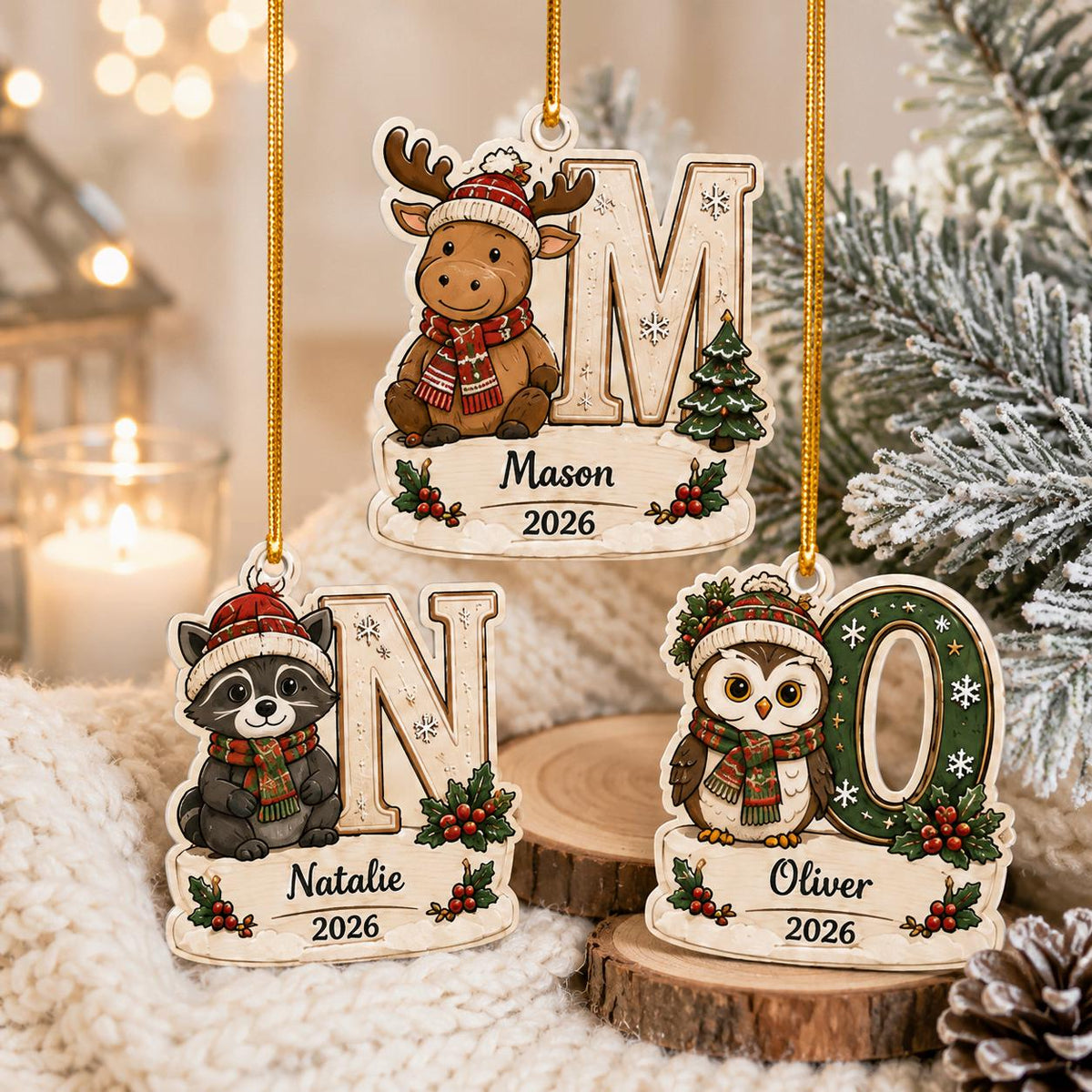 Kids initial animal name and year ornaments with moose M, raccoon N and owl O