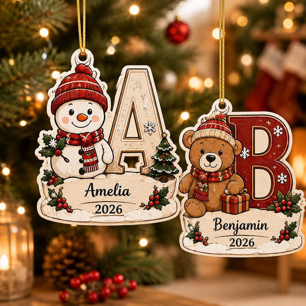 Snowman A and teddy bear B kids initial ornaments with names and 2026
