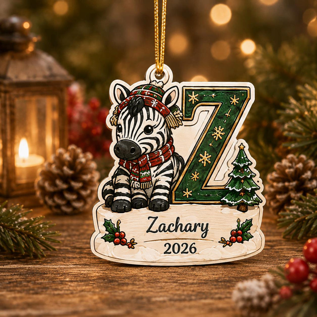 Zebra letter Z personalized kids initial wooden ornament with name and year