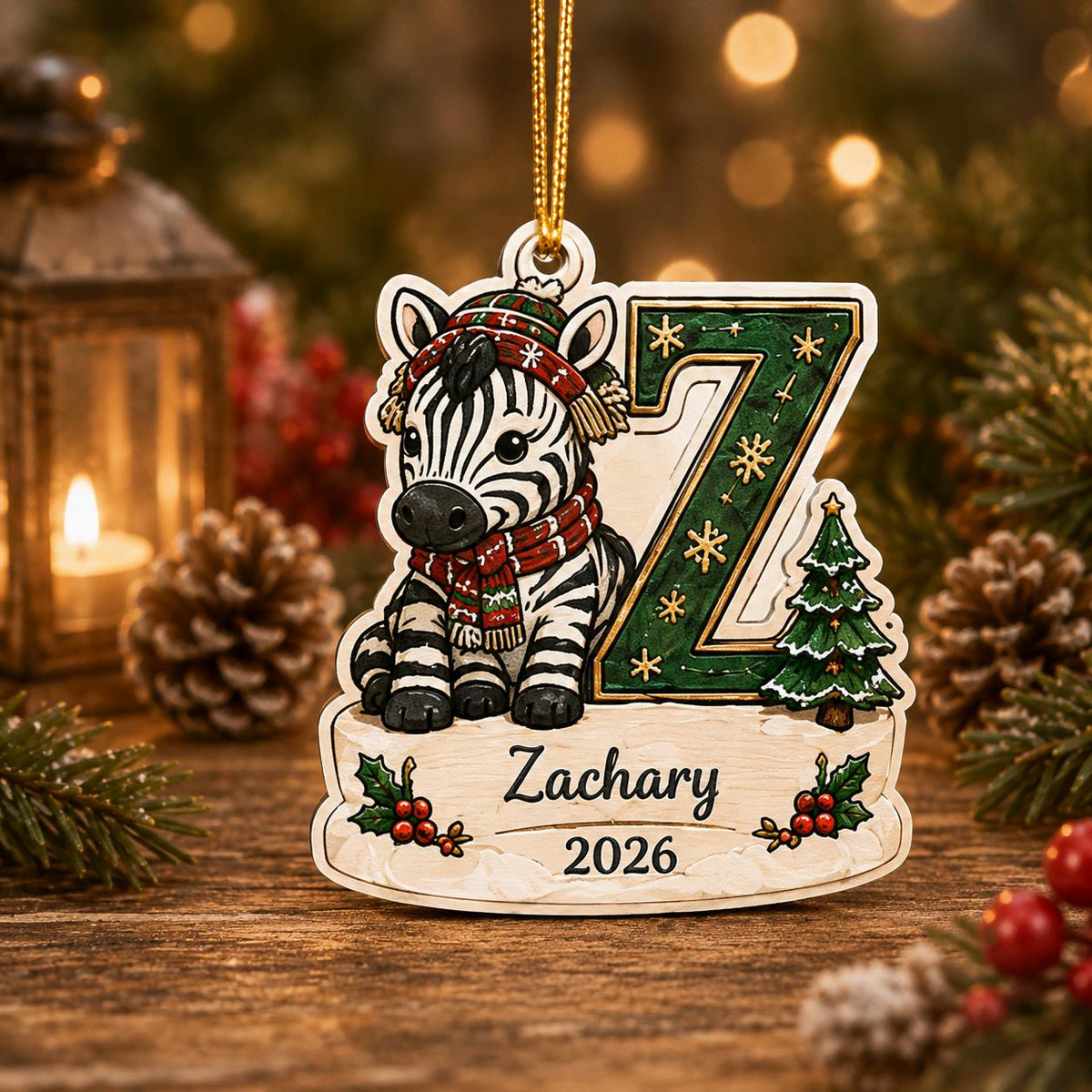 Zebra letter Z personalized kids initial wooden ornament with name and year