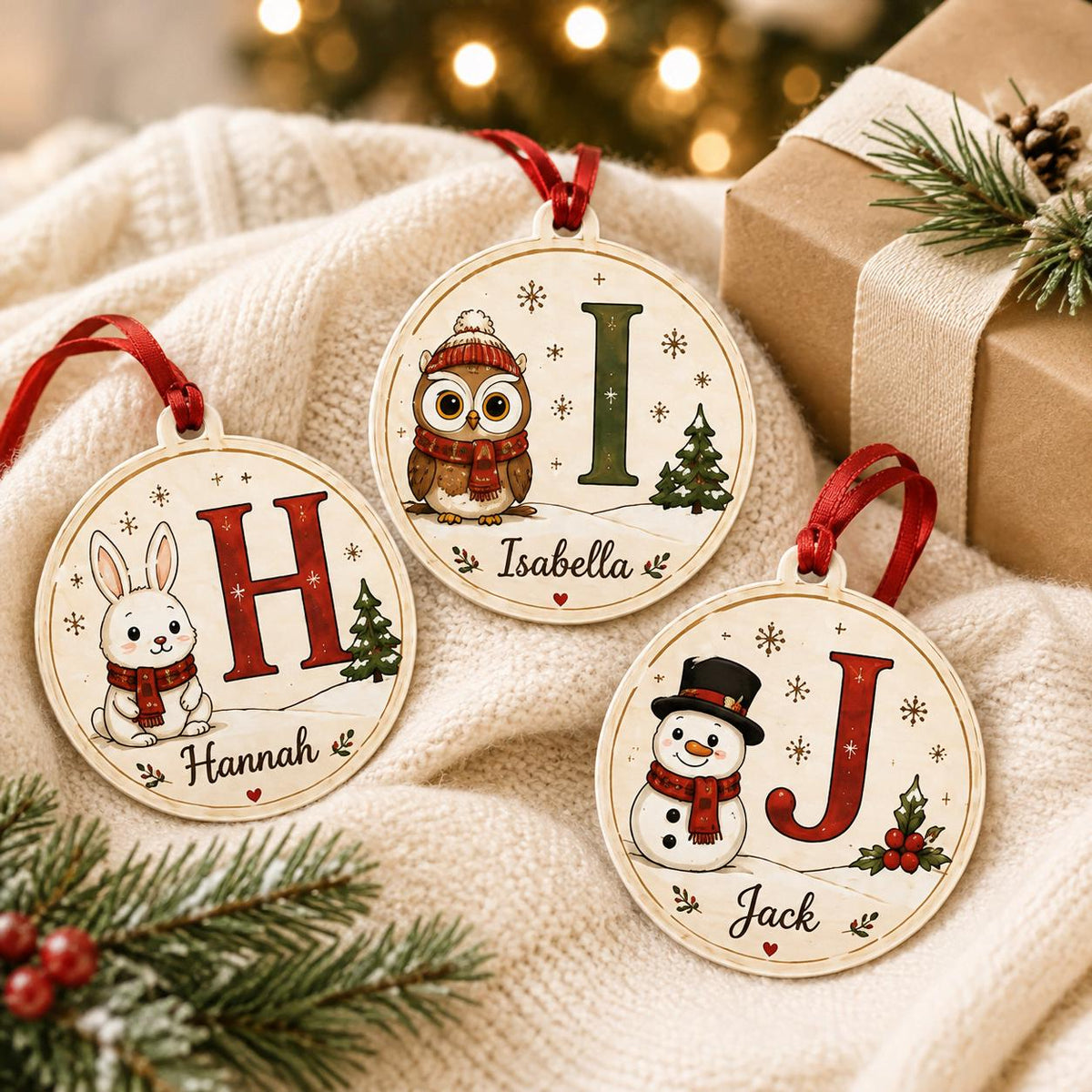 Kids initial winter animal wooden ornaments with bunny, owl and snowman letters and names