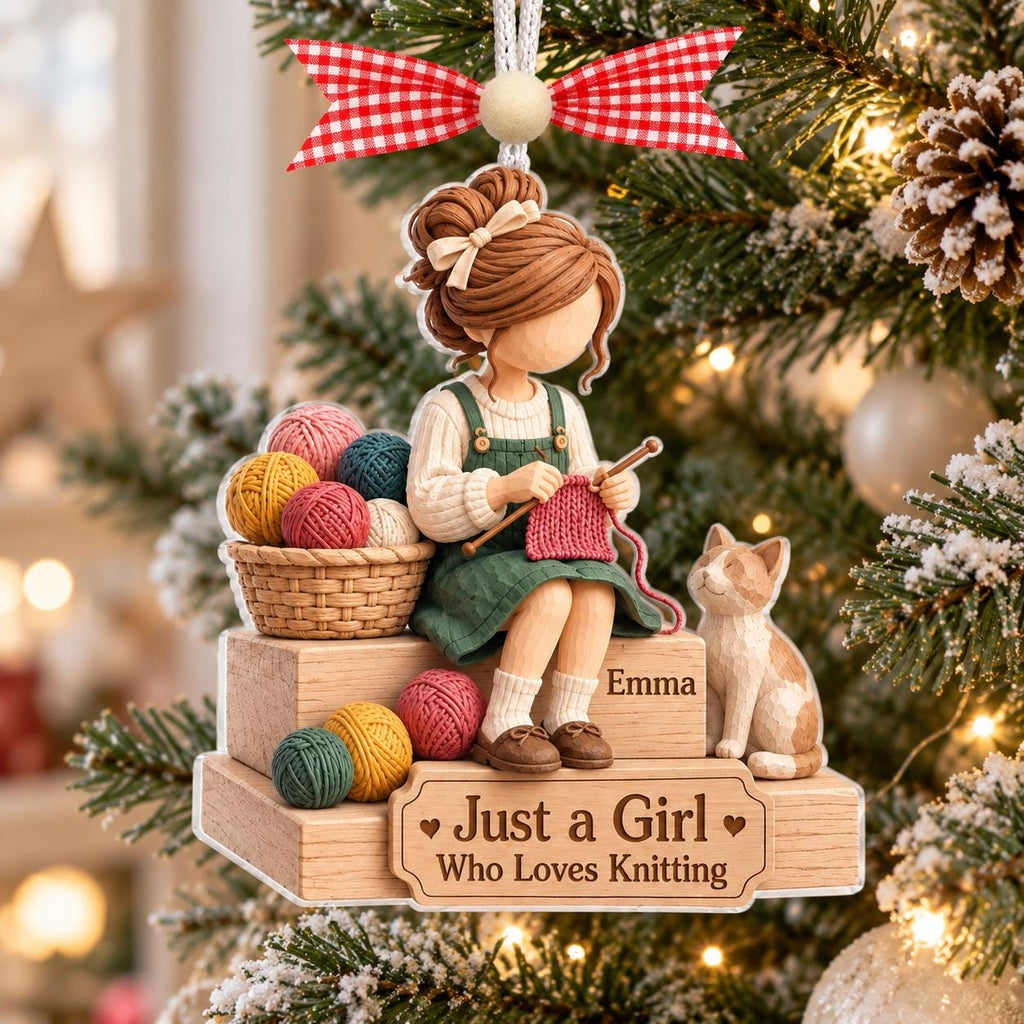 Knitting girl with yarn basket and cat ornament with Emma