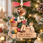 Knitting girl with yarn basket and cat ornament with Emma