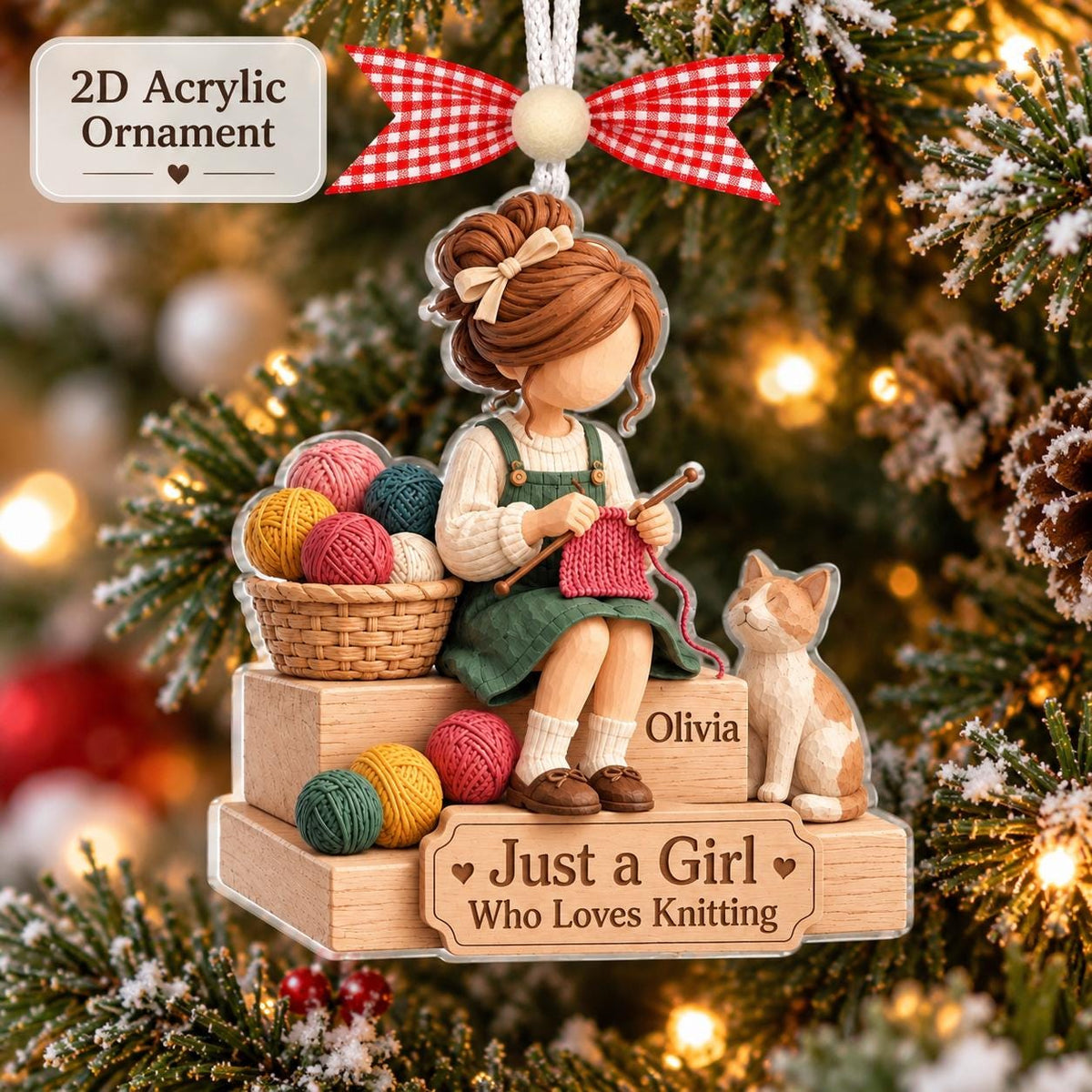 Just a Girl Who Loves Knitting ornament with Olivia and a cat on a tree