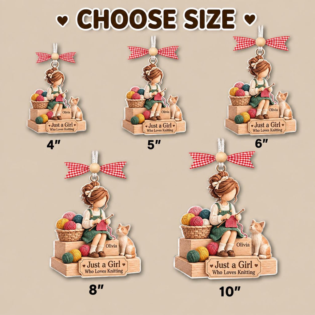 Size chart showing the knitting girl ornament from 4 to 10 inches