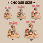 Size chart showing the knitting girl ornament from 4 to 10 inches