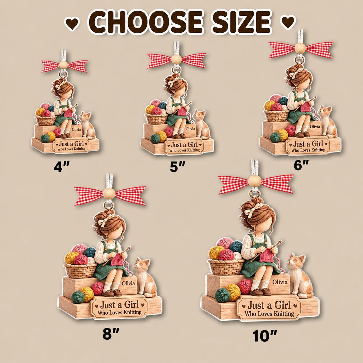 Size chart showing the knitting girl ornament from 4 to 10 inches