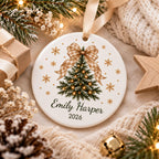 Close-up of the Linen gingham bow tree ornament with Emily Harper 2026