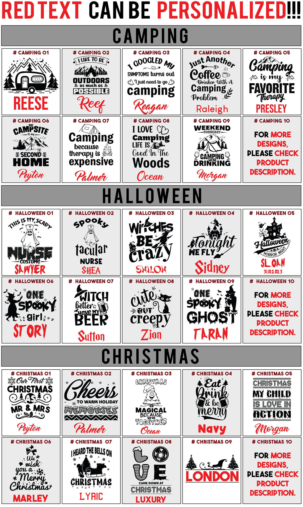 Engraving design ideas: camping, Halloween and Christmas