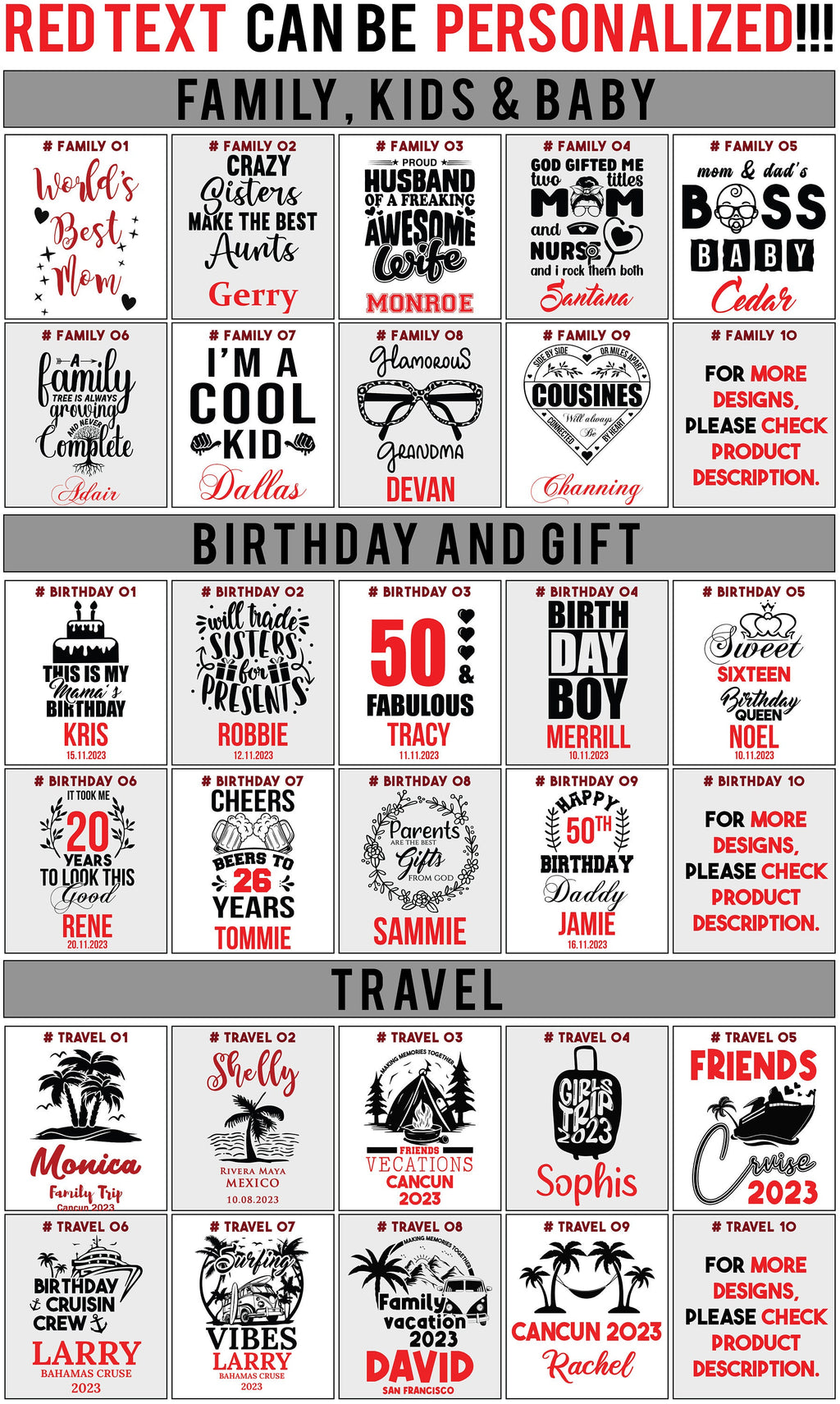 Engraving design ideas: family and kids, birthday, travel
