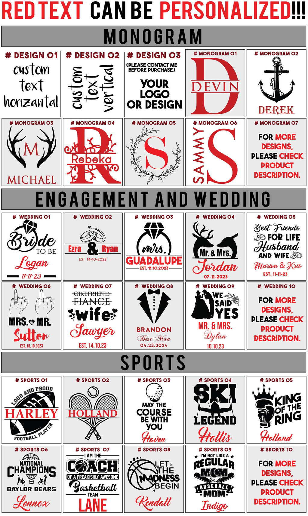 Engraving design ideas: monogram, engagement and wedding, sports