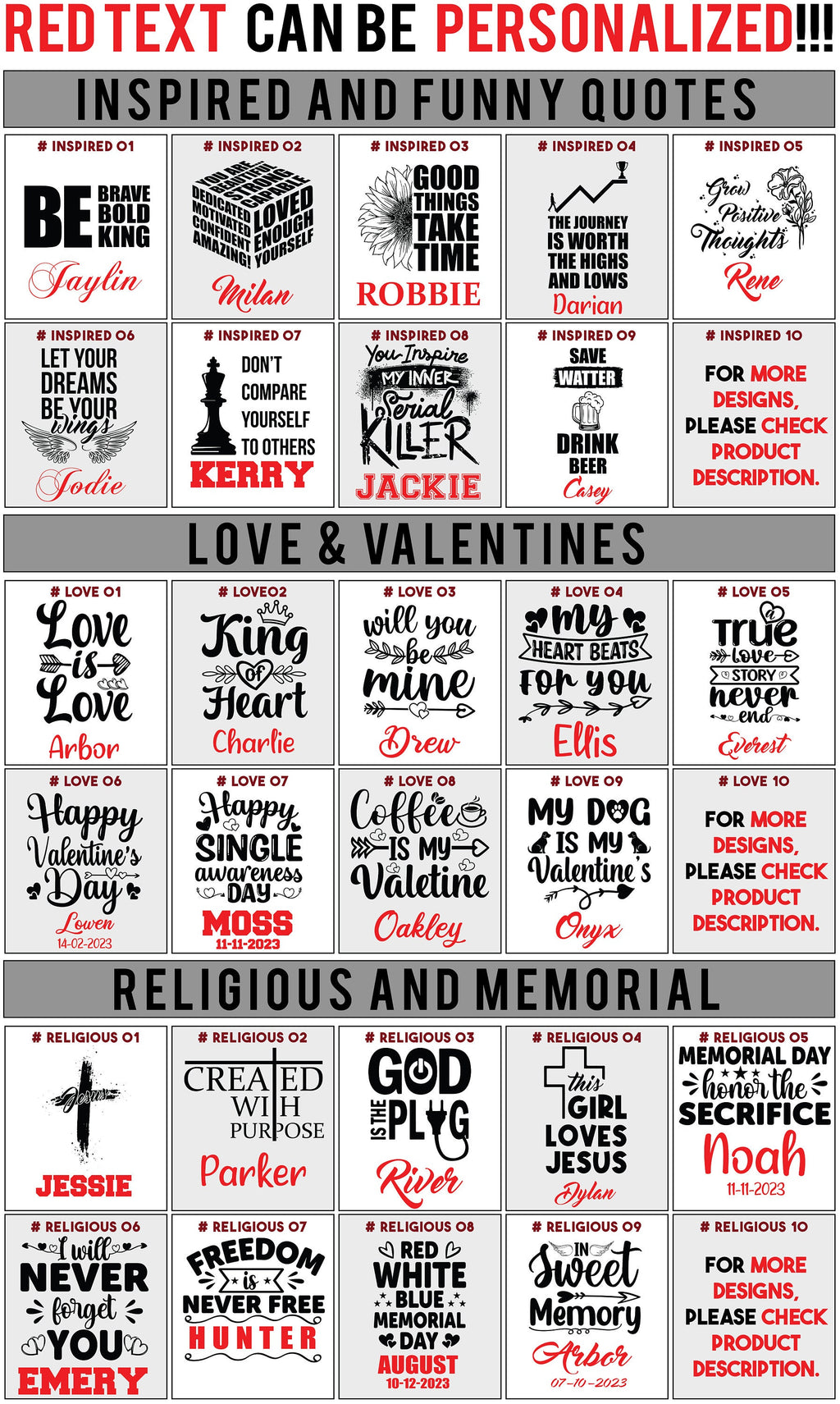 Engraving design ideas: funny quotes, love and Valentine, religious and memorial