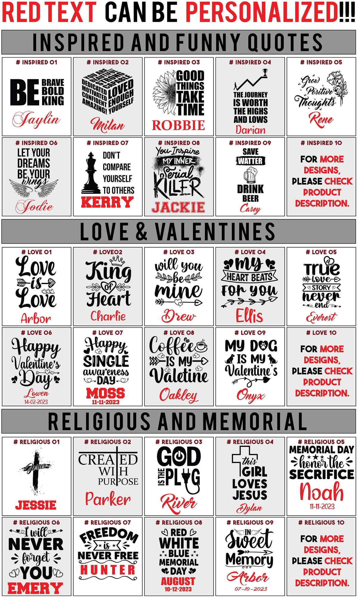 Engraving design ideas: funny quotes, love and Valentine, religious and memorial
