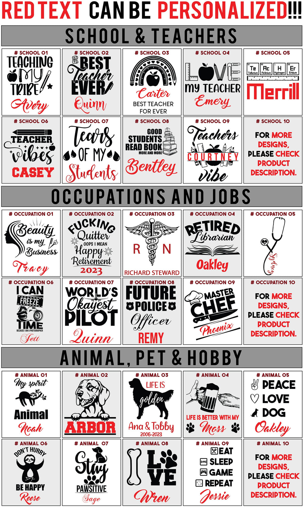 Engraving design ideas: school and teachers, occupations, animals and pets