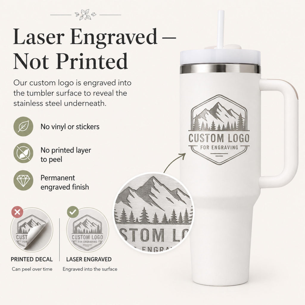 Laser engraved logo tumbler compared with a printed decal