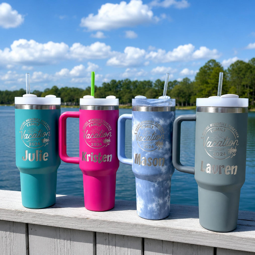 40oz handle tumblers engraved with names for a group vacation