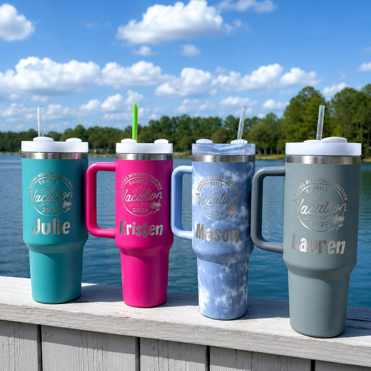 40oz handle tumblers engraved with names for a group vacation
