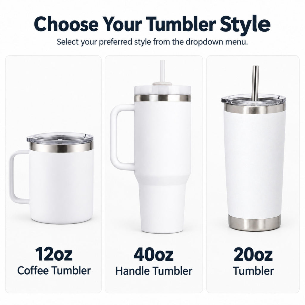 Tumbler styles: 12oz coffee tumbler, 40oz handle tumbler and 20oz tumbler