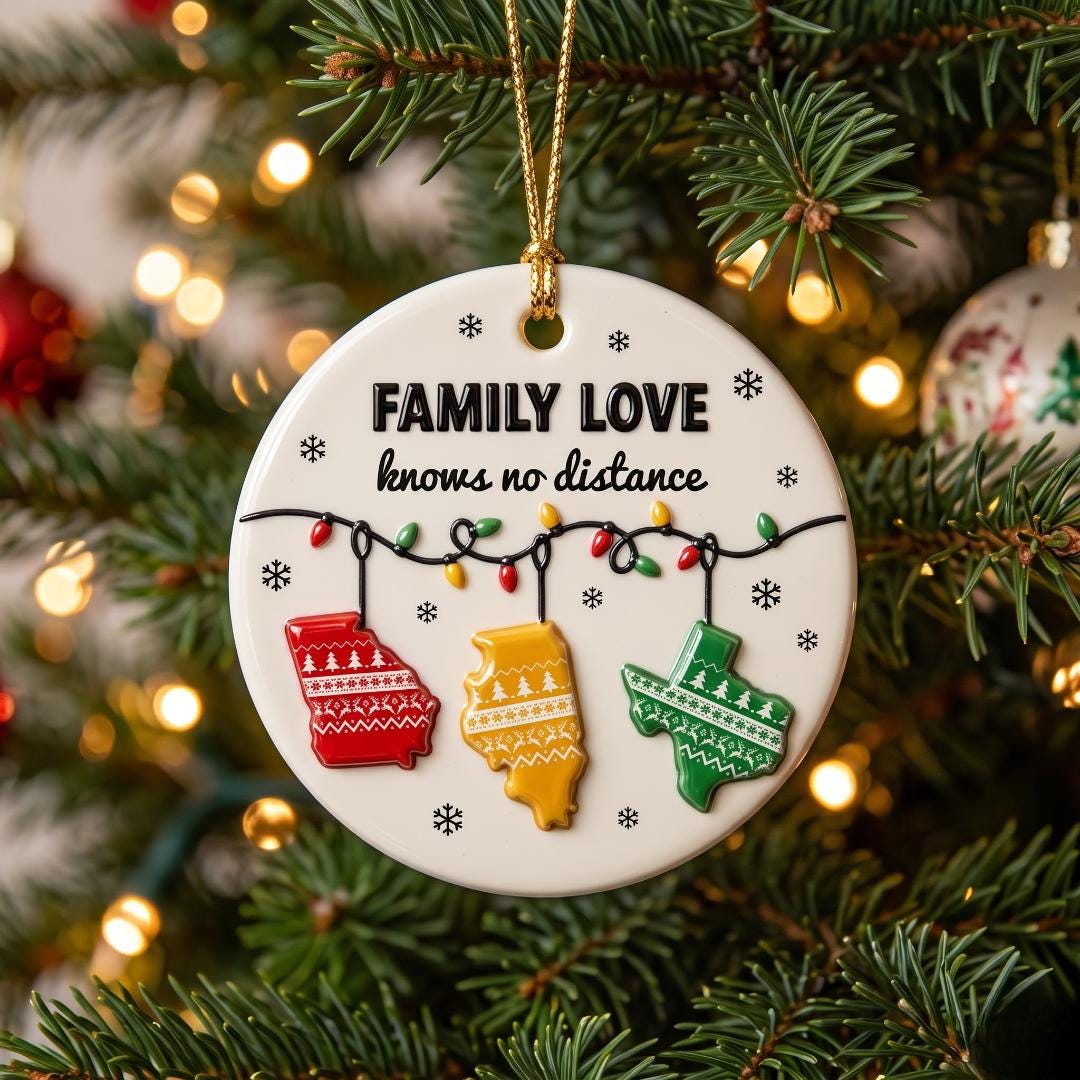 State stockings ornament with Georgia, Illinois and Texas on a Christmas tree