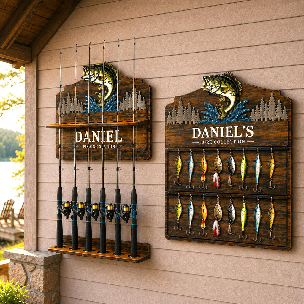 Daniel's lure collection holder next to a matching fishing rod holder on a porch wall